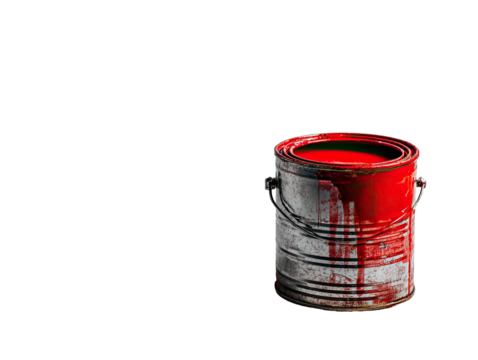 Metal can overflowing with bright red paint, drippy mess