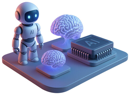 Robot with AI brain and CPU chip on a futuristic platform with two glowing brains android artificial intelligence isolated on a transparent background