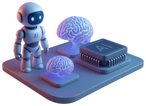 Robot with AI brain and CPU chip on a futuristic platform with two glowing brains android artificial intelligence isolated on a transparent background