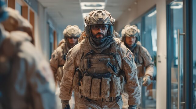 A group of soldiers in tactical gear moves purposefully through a modern hallway, showcasing readiness and teamwork in a military context.
