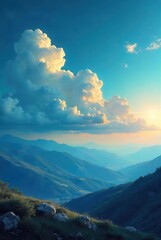 Fototapeta premium Serene Sunset Over Majestic Mountain Ranges with a Puffy Cumulus Cloud