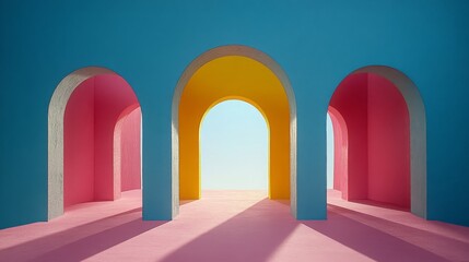 Fototapeta premium Vibrant, abstract architectural scene with receding arches in contrasting pink, blue, and yellow under bright light, creating long shadows and a surreal, minimalist aesthetic.