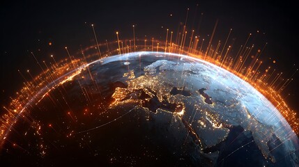 double exposure planet Earth overlay with glowing stock market lines and global connection data, worldwide business network