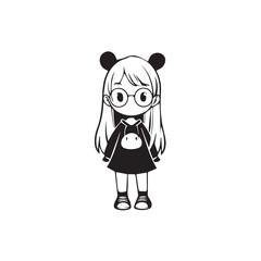 Beautiful Kawaii Girl Black and White Vector Illustration in Cute Simple Line Art Style