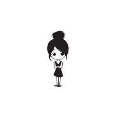 Beautiful Kawaii Girl Black and White Vector Illustration in Cute Simple Line Art Style