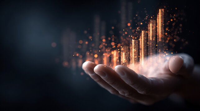 double exposure hand holding rising graph symbol overlay with hologram particles and financial data, digital economy growth