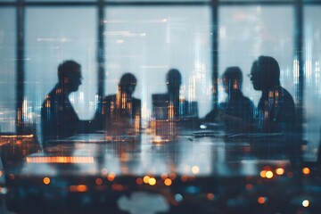 double exposure teamwork meeting overlay with glowing growth charts and data panels, corporate collaboration