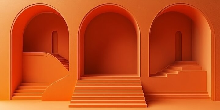 Minimalist 3D architectural render of three symmetrical orange/terracotta archways, each containing a staircase. Use for design, architecture, and abstract blogs/sites.