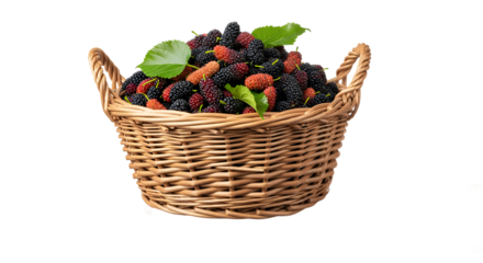 Freshly Picked Ripe Mulberries in a Woven Basket with Green Leaves on a White Background