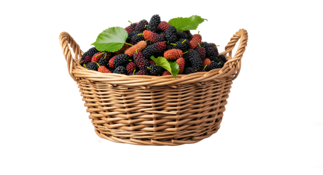Freshly Picked Ripe Mulberries in a Woven Basket with Green Leaves on a White Background