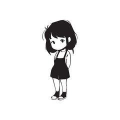 Beautiful Kawaii Girl Black and White Vector Illustration in Cute Simple Line Art Style