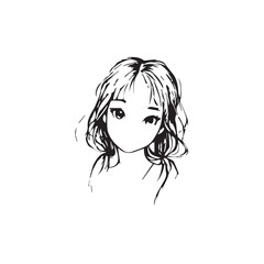 Beautiful Kawaii Girl Black and White Vector Illustration in Cute Simple Line Art Style