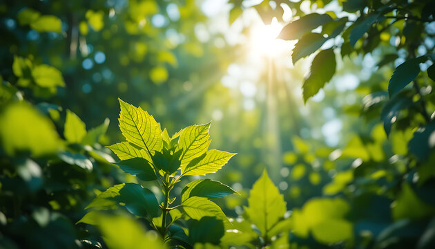 Sunlight filtering through lush green leaves in forest