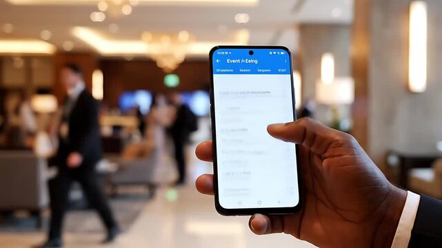 Professionals hand scrolling smartphone screen at a busy corporate business event showcasing modern digital technology networking and mobile communication - Powered by Adobe