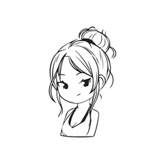 Beautiful Kawaii Girl Black and White Vector Illustration in Cute Simple Line Art Style