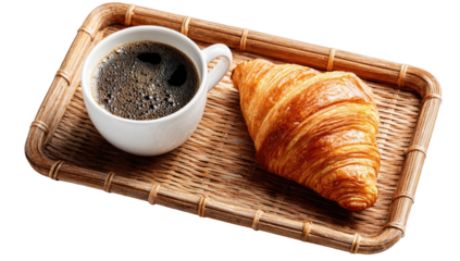 Coffee, croissant on wicker tray, morning treat
