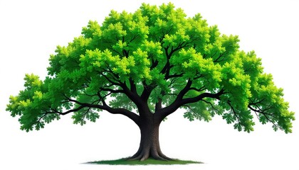 A lush tree with vibrant green leaves and a sturdy trunk against a bright white background outdoors