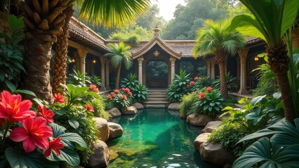 Fototapeta premium Serene Courtyard Oasis Luxurious Tropical Garden with Tranquil Pool and Ancient Architecture