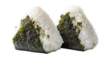 Two triangular onigiri, white rice, covered in dark green seaweed