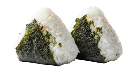 Two triangular onigiri, white rice, covered in dark green seaweed