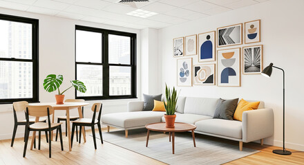 A modern, minimalist living room with a white couch, black framed windows, and a black floor lamp.
