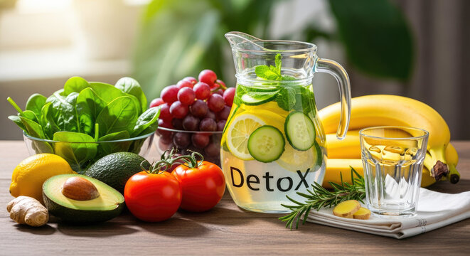 A pitcher of detox water with fresh fruits and vegetables on a wooden table.