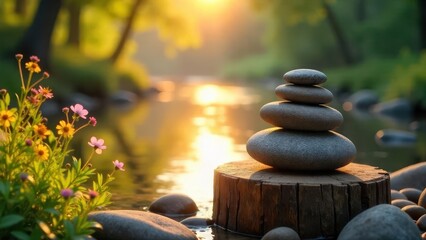 Serene Sunset Serenity Balanced Stones on a Wooden Stump by a Tranquil Stream, Embellished with Vibrant Wildflowers