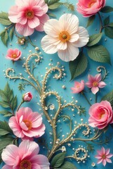 Floral Still Life Delicate Paper Blooms Arranged on a Vibrant Teal Background
