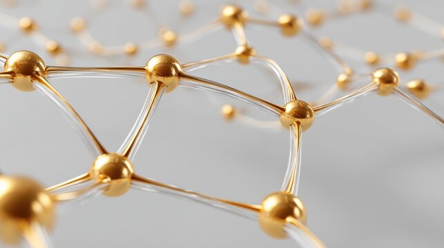 A close-up view of interconnected golden spheres and lines, creating a network-like structure, suggestive of molecular or digital connections.