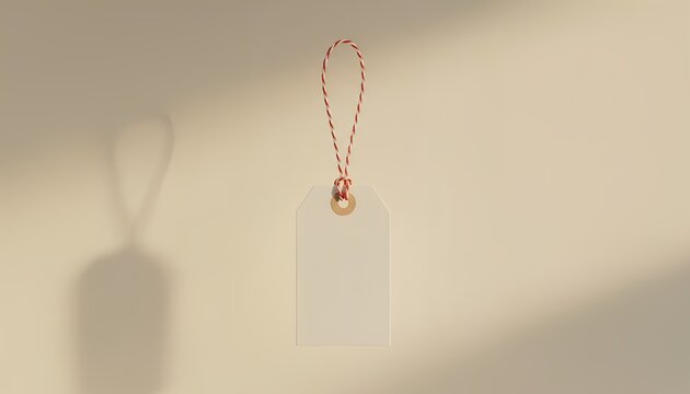 Blank white gift tag with red string, a minimalist christmas props mockup for branding on a beige background with shadow