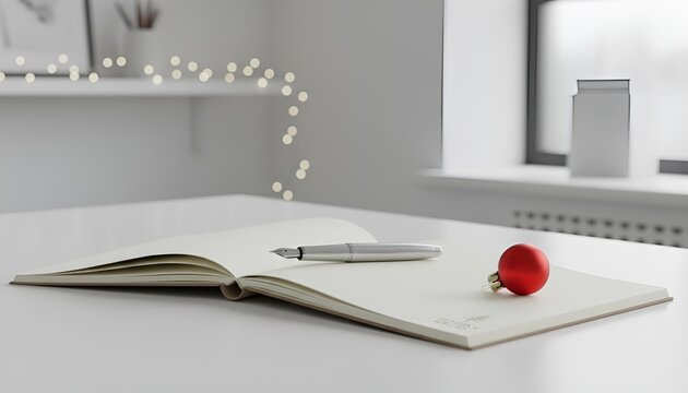 Embrace the quiet season with an open journal, a classic pen, and charming christmas props, inviting reflection and creative writing for holiday planning and personal aspirations
