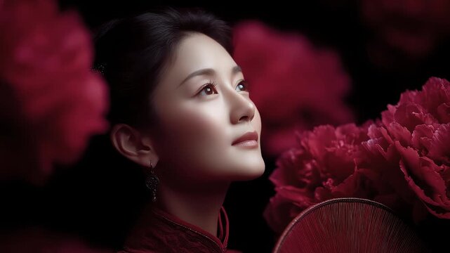 Tang Dynasty woman with red makeup and peony, elegant temperament