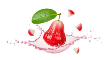 Fresh red rose apple with a green leaf splashing into its own juice with flying slices isolated on a white background