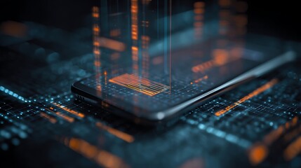 double exposure smartphone overlay with secure digital banking hologram, financial data grid, cyber protection concept