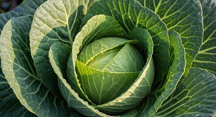 Obraz premium A green cabbage with water droplets on its leaves, set against a blurred background.
