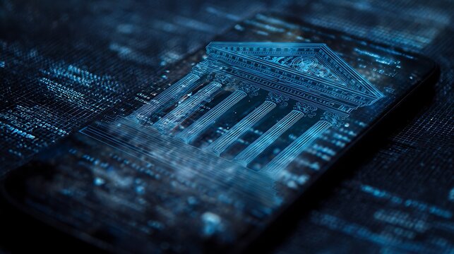 double exposure smartphone overlay with secure digital banking hologram, financial data grid, cyber protection concept