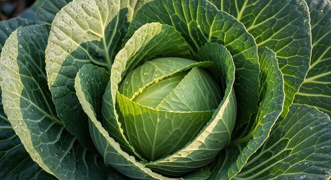 A green cabbage with water droplets on its leaves, set against a blurred background. - Powered by Adobe