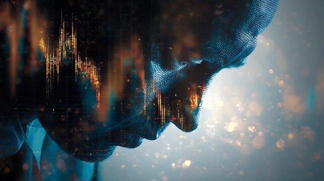 double exposure trader looking at screens overlay with AI trading graph, glowing financial data, digital particles, futuristic fintech - Powered by Adobe