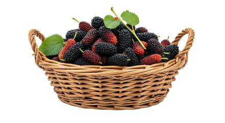 Freshly picked ripe mulberries in a woven basket, a healthy and delicious fruit option
