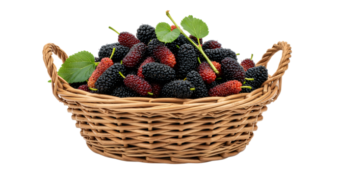 Freshly picked ripe mulberries in a woven basket, a healthy and delicious fruit option