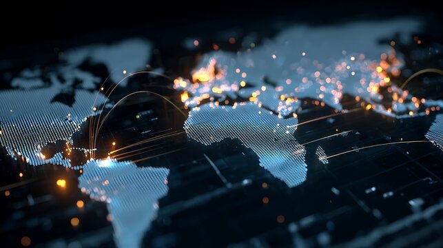 double exposure world map overlay with investment flow lines and glowing financial indicators, global capital movement