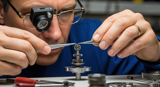 A man in a blue shirt is working on a mechanical part with tweezers and a magnifying glass. - Powered by Adobe