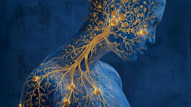 Glowing Gold Nerves and Lymphatic System on Blue Human Figure