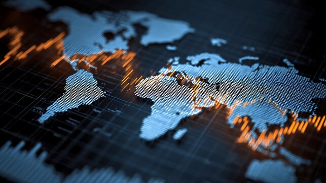double exposure world map overlay with investment flow lines and glowing financial indicators, global capital movement
