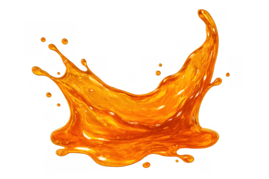 Vibrant orange liquid splashing creating dynamic movement with droplets, natural sweet drink pouring on transparent background