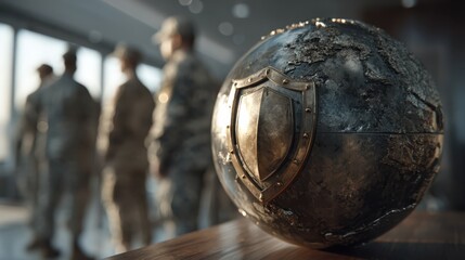 A metallic globe with a shield symbol sits on a table, with blurred figures in military uniforms in the background, suggesting themes of protection and global security.