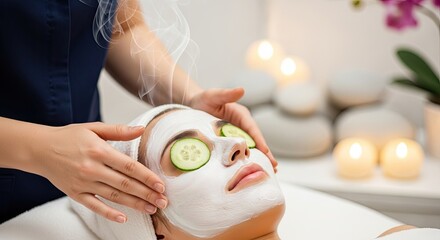 A woman receiving a facial treatment with cucumber slices and a white mask.