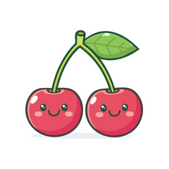 An adorable cartoon illustration of two smiling cherries joined by a stem, a cute kawaii fruit couple representing friendship and happiness