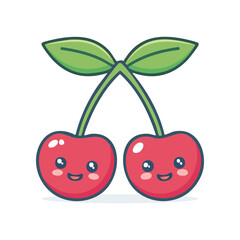 Cute Kawaii Cherries with Leaves, Adorable Fruit Illustration with Happy Faces