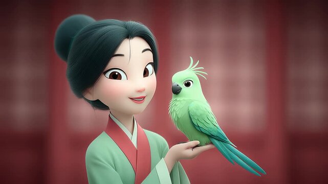 The warm moment of Tang Dynasty cartoon girl and parrot